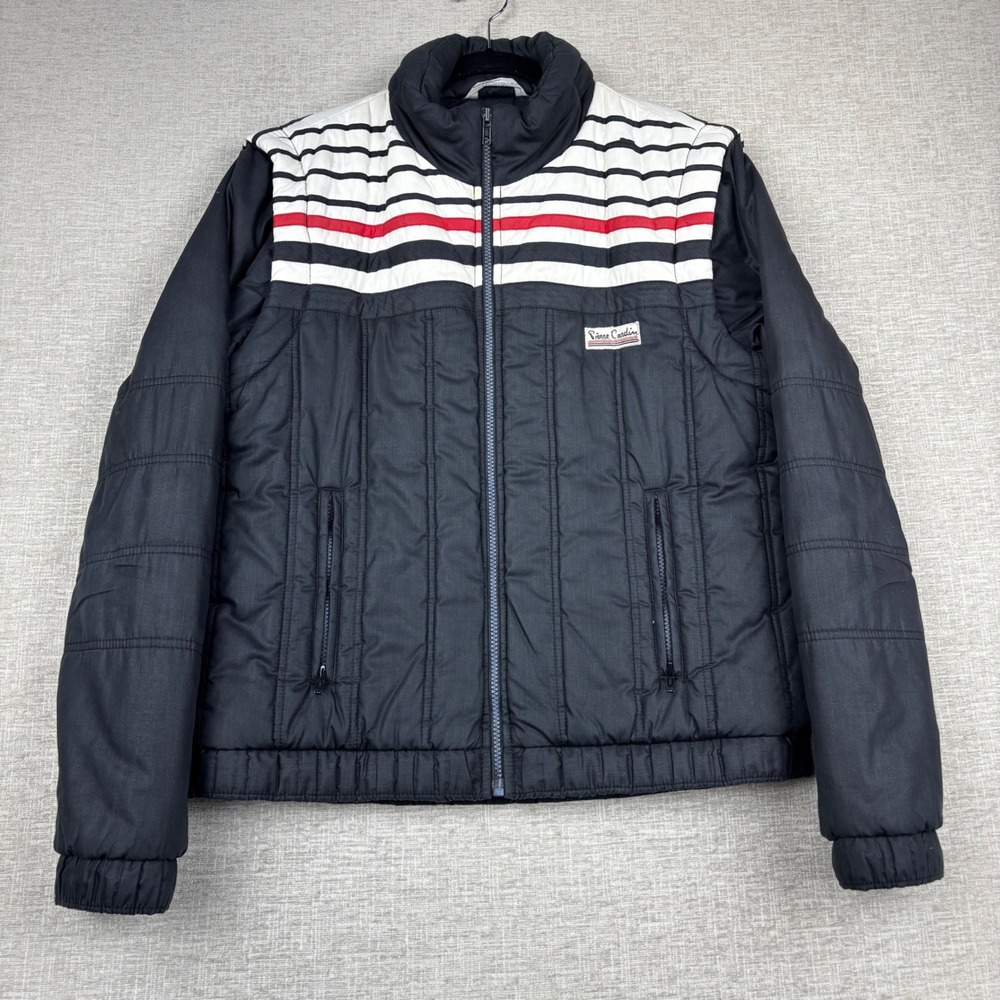 Pierre Cardin Mens Vintage Puffer Jacket Black White Red Striped Small